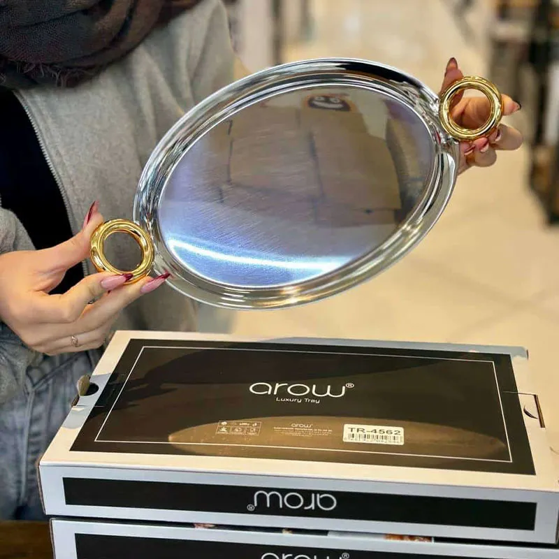 سینی-استیل-بیضی-دسته-طلایی-arow-4562